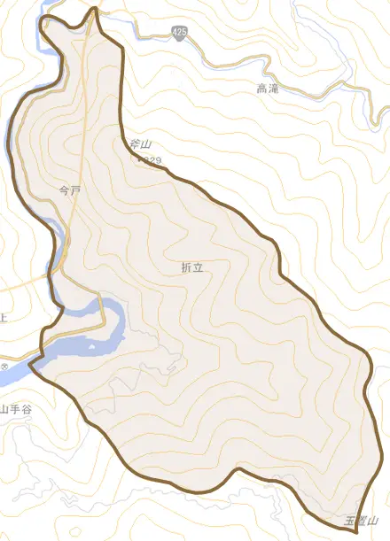大字折立とその周辺の地図。町の範囲を重ねている