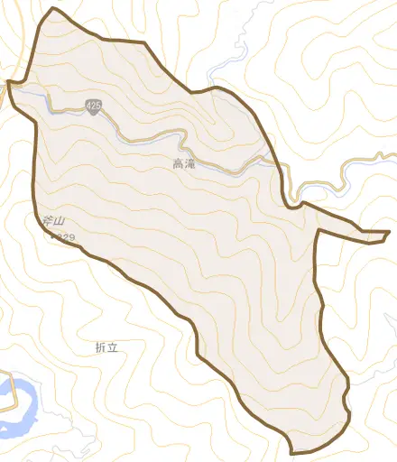 大字高滝とその周辺の地図。町の範囲を重ねている