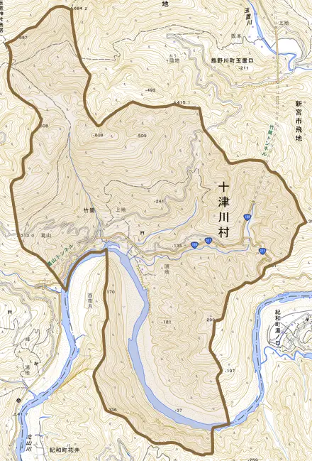 大字竹筒とその周辺の地図。町の範囲を重ねている