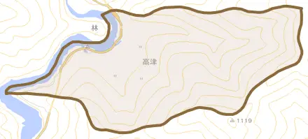 大字高津とその周辺の地図。町の範囲を重ねている