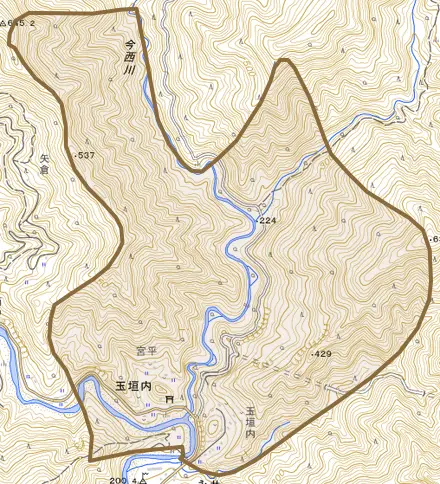 大字玉垣内とその周辺の地図。町の範囲を重ねている