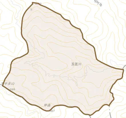 大字玉置川とその周辺の地図。町の範囲を重ねている