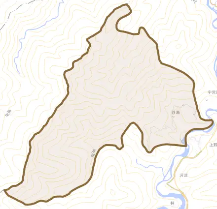 大字谷瀬とその周辺の地図。町の範囲を重ねている