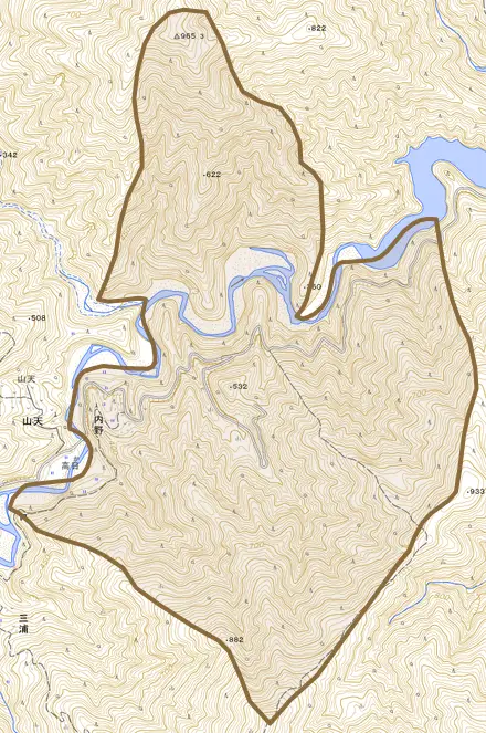 大字内野とその周辺の地図。町の範囲を重ねている