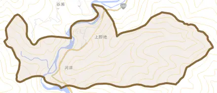 大字上野地とその周辺の地図。町の範囲を重ねている