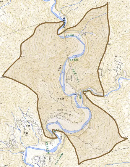 大字宇宮原とその周辺の地図。町の範囲を重ねている