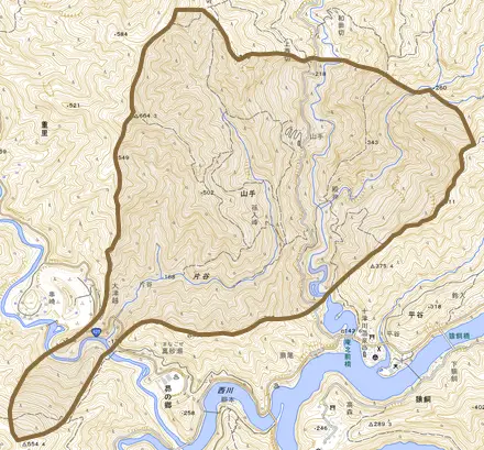 大字山手とその周辺の地図。町の範囲を重ねている