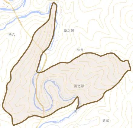 大字湯之原とその周辺の地図。町の範囲を重ねている