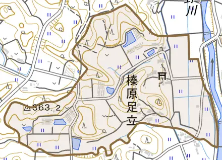 榛原足立とその周辺の地図。町の範囲を重ねている