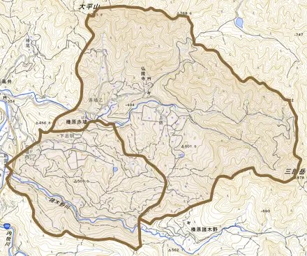榛原赤埴とその周辺の地図。町の範囲を重ねている