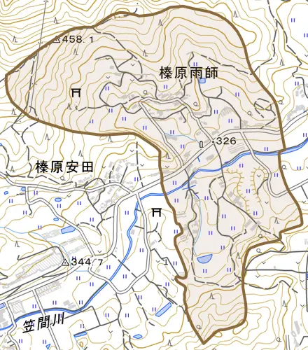 榛原雨師とその周辺の地図。町の範囲を重ねている