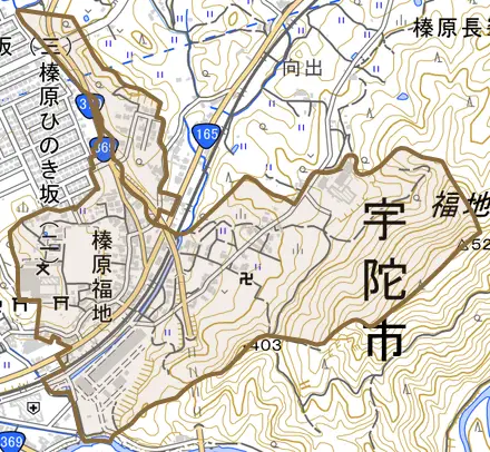 榛原福地とその周辺の地図。町の範囲を重ねている