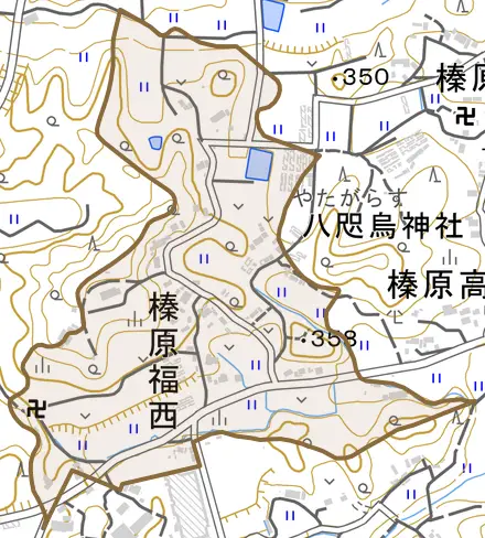 榛原福西とその周辺の地図。町の範囲を重ねている