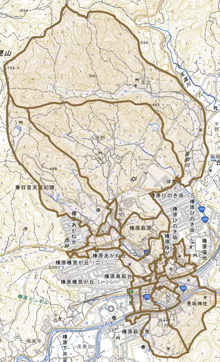 榛原萩原とその周辺の地図。町の範囲を重ねている