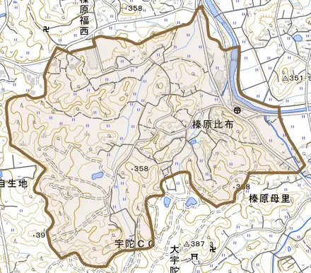榛原比布とその周辺の地図。町の範囲を重ねている