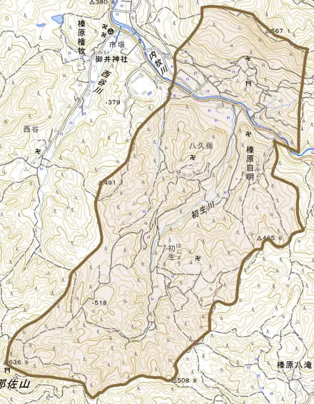 榛原自明とその周辺の地図。町の範囲を重ねている