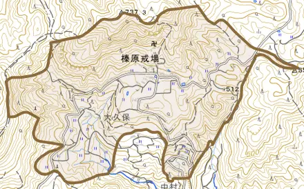 榛原戒場とその周辺の地図。町の範囲を重ねている