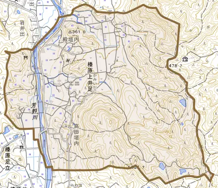榛原上井足とその周辺の地図。町の範囲を重ねている