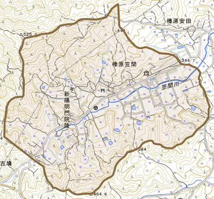 榛原笠間とその周辺の地図。町の範囲を重ねている