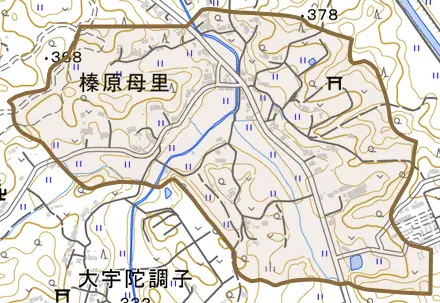 榛原母里とその周辺の地図。町の範囲を重ねている