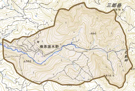 榛原諸木野とその周辺の地図。町の範囲を重ねている