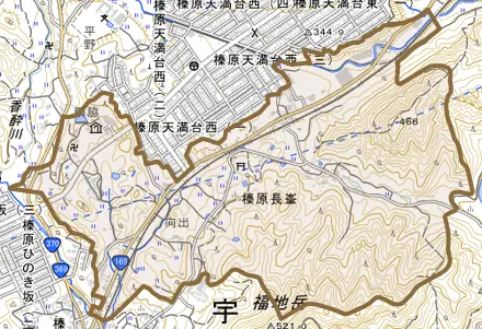 榛原長峯とその周辺の地図。町の範囲を重ねている