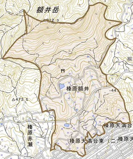 榛原額井とその周辺の地図。町の範囲を重ねている