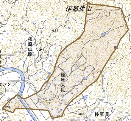榛原大貝とその周辺の地図。町の範囲を重ねている