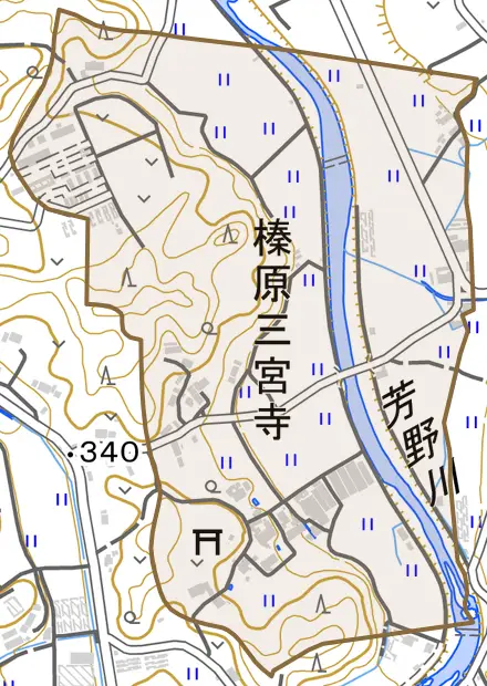 榛原三宮寺とその周辺の地図。町の範囲を重ねている
