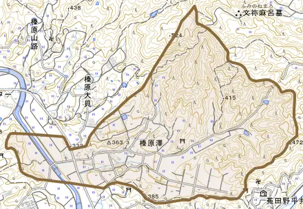 榛原澤とその周辺の地図。町の範囲を重ねている