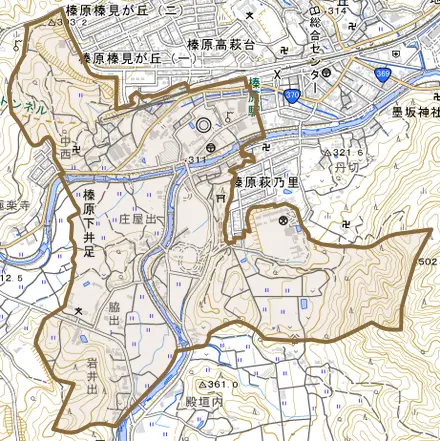 榛原下井足とその周辺の地図。町の範囲を重ねている