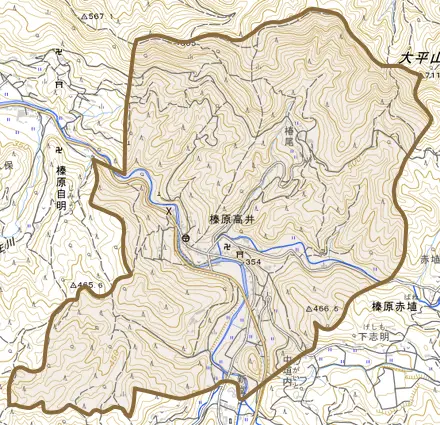榛原高井とその周辺の地図。町の範囲を重ねている