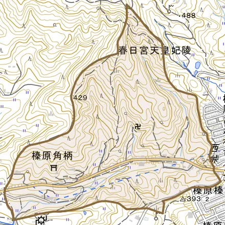 榛原角柄とその周辺の地図。町の範囲を重ねている