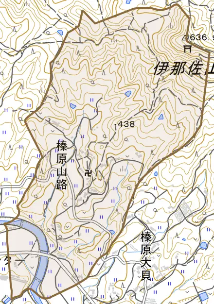 榛原山路とその周辺の地図。町の範囲を重ねている