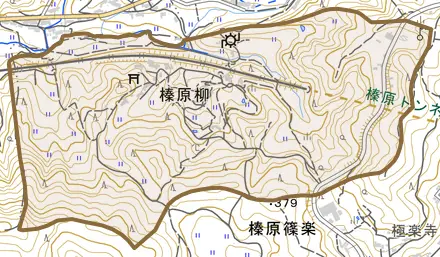 榛原柳とその周辺の地図。町の範囲を重ねている
