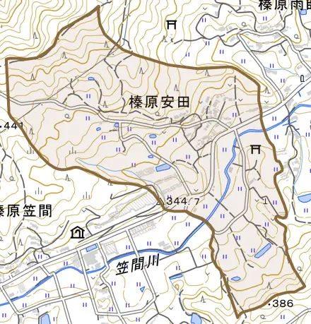 榛原安田とその周辺の地図。町の範囲を重ねている