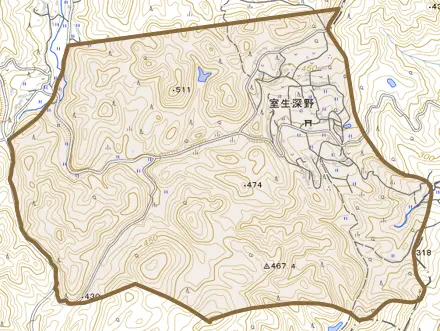 室生深野とその周辺の地図。町の範囲を重ねている