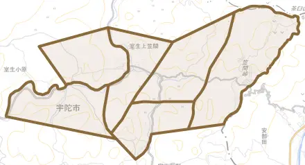 室生上笠間とその周辺の地図。町の範囲を重ねている