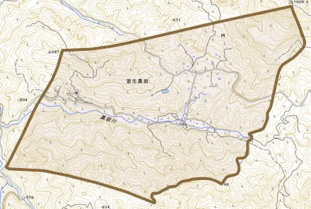 室生黒岩とその周辺の地図。町の範囲を重ねている