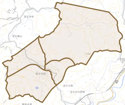室生向渕とその周辺の地図。町の範囲を重ねている