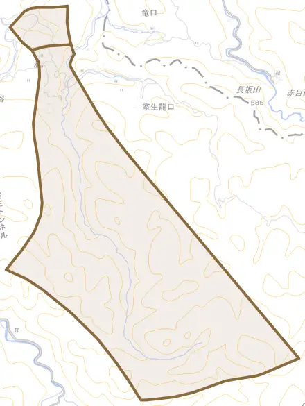 室生西谷とその周辺の地図。町の範囲を重ねている