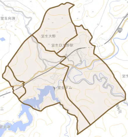室生大野とその周辺の地図。町の範囲を重ねている