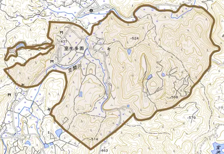 室生多田とその周辺の地図。町の範囲を重ねている
