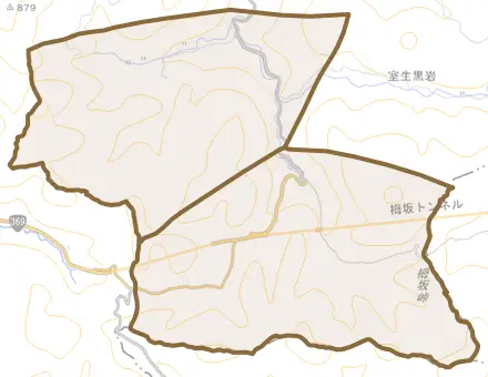 室生田口元上田口とその周辺の地図。町の範囲を重ねている