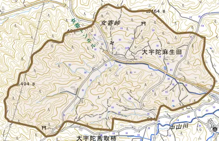 大宇陀麻生田とその周辺の地図。町の範囲を重ねている