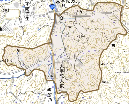 大宇陀大東とその周辺の地図。町の範囲を重ねている