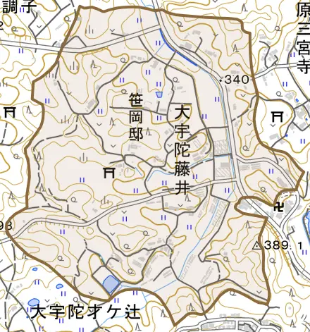 大宇陀藤井とその周辺の地図。町の範囲を重ねている