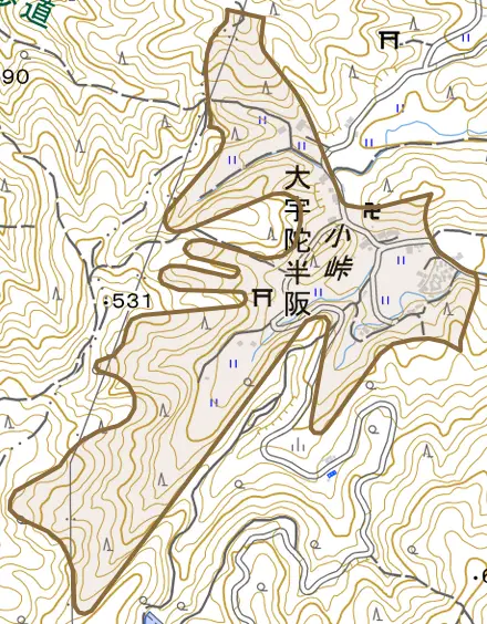 大宇陀半阪とその周辺の地図。町の範囲を重ねている
