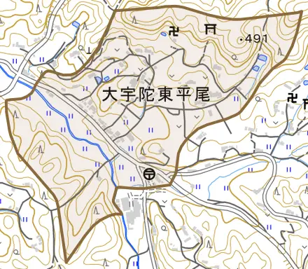 大宇陀東平尾とその周辺の地図。町の範囲を重ねている