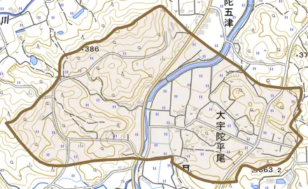 大宇陀平尾とその周辺の地図。町の範囲を重ねている